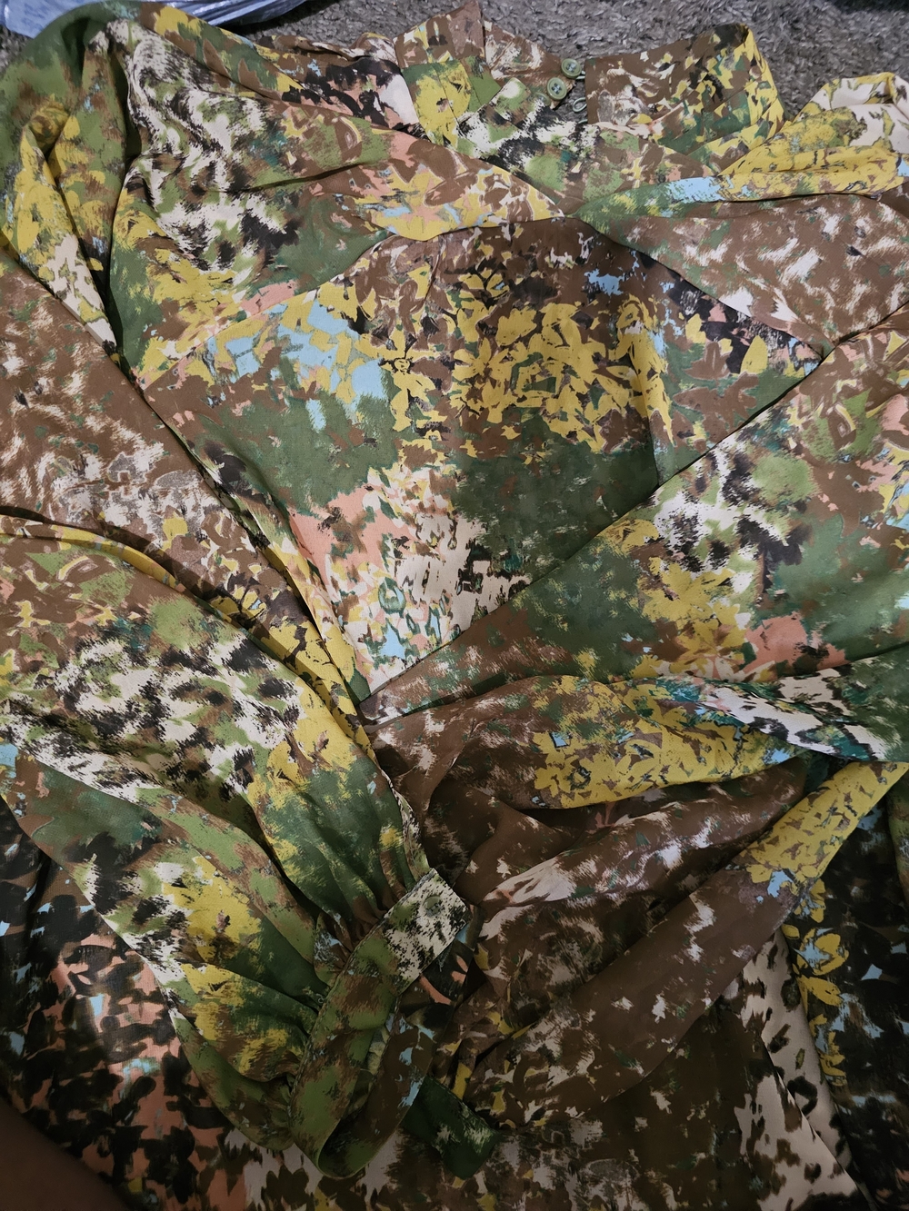 Eloquii Abstract Floral Print Blouse in Green, Brown & Yellow